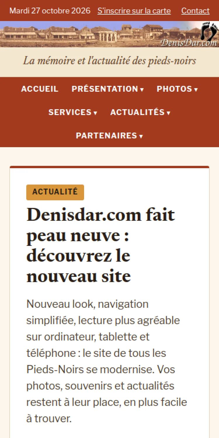 Nouveau denisdar.com sur téléphone : menu adapté et article lisible